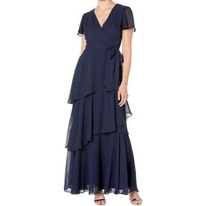 Flutter Sleeve Tiered Chiffon Long Dress